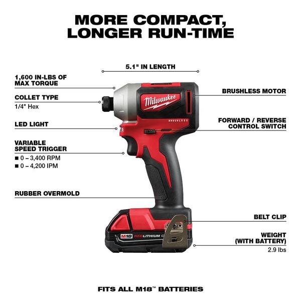 M18 18V Lithium-Ion Brushless Cordless Compact Drill/Impact Combo Kit (2-Tool) W/LED Site Light & (2) 3.0Ah Batt
