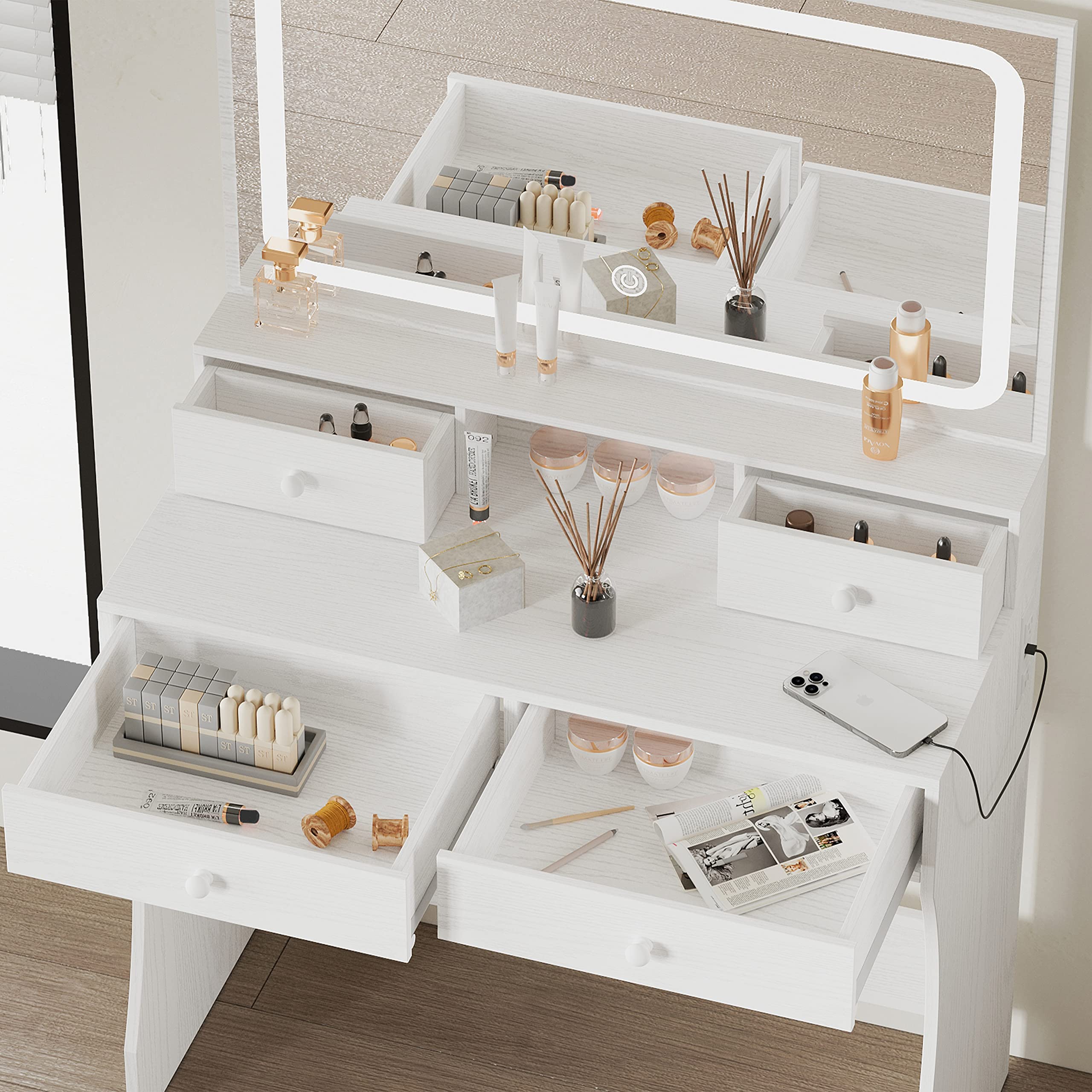 IRONCK Vanity Desk Set with LED Lighted Mirror & Power Outlet