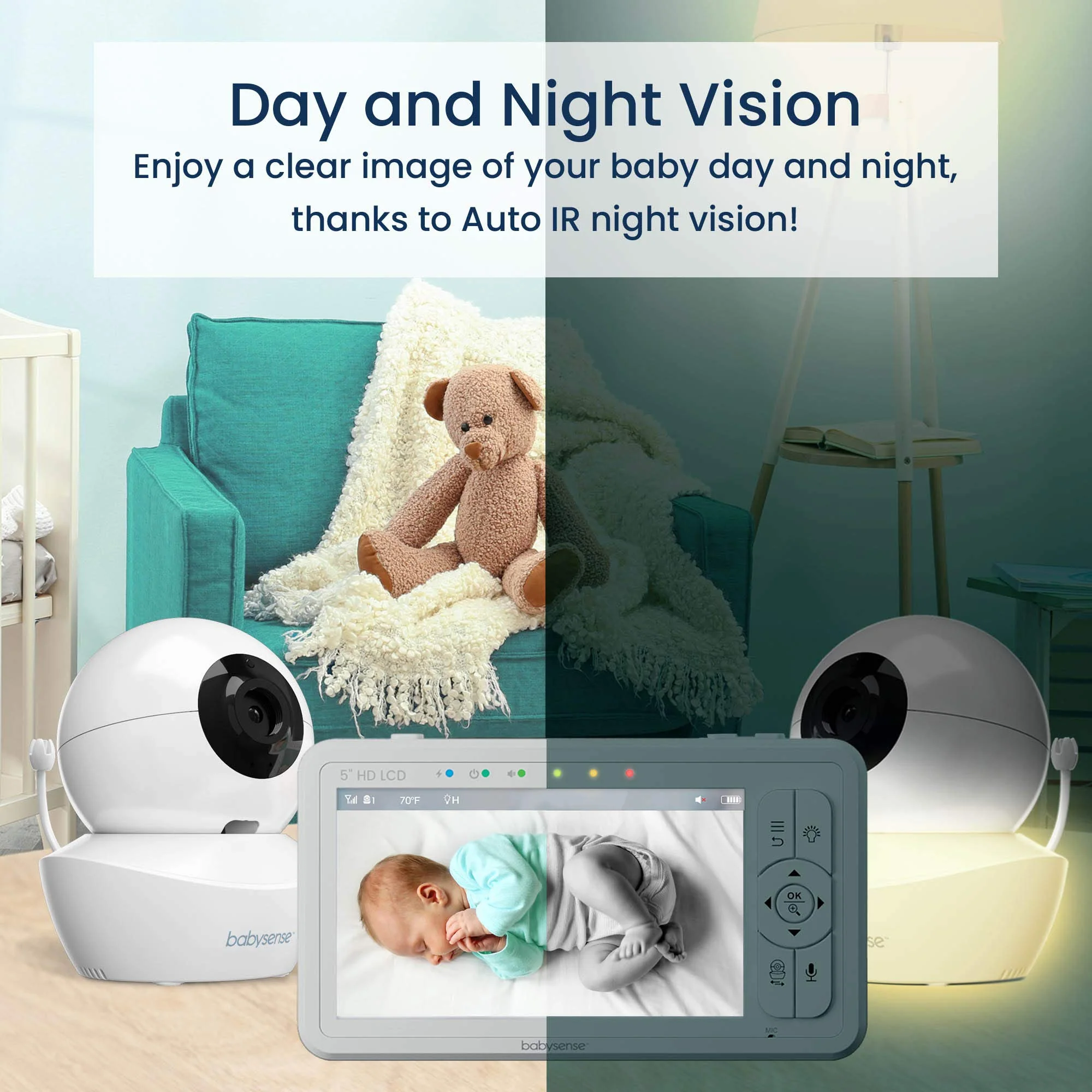 Babysense 5 HD Split-Screen Baby Monitor with 2 Cameras and Audio