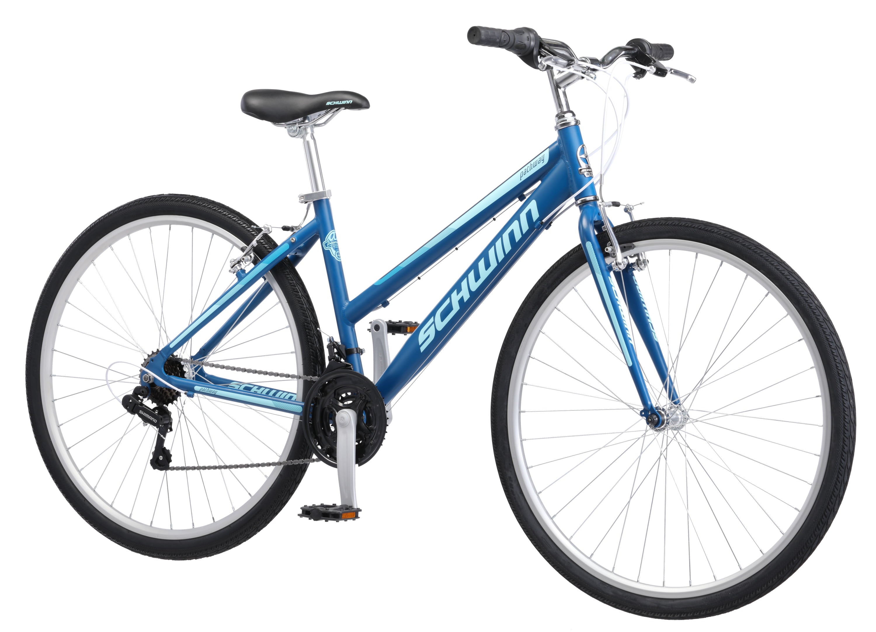 Pathway Multi-Use Bike. 700c wheels. 18 speeds. womens frame. blue. 28 inch wheel size. hybrid
