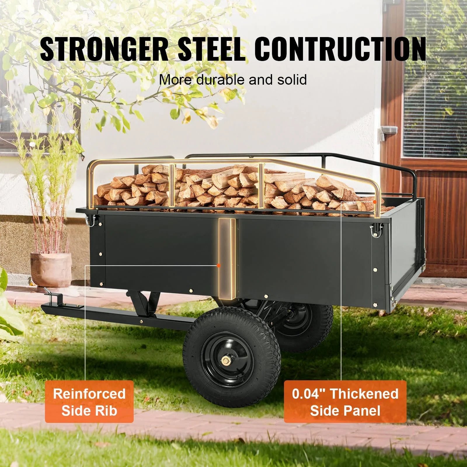 VEVOR Heavy Duty ATV Trailer Steel Dump Cart. 750-Pound 15 Cubic Feet. Garden Utility Trailer with Removable Sides for Riding L - MadeInUSA