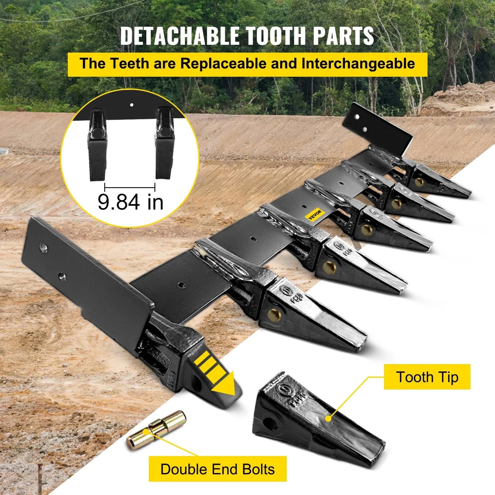 VEVOR Bucket Tooth Bar 48'' Inside Bucket Width Tractor Bucket Teeth 9.84'' Teeth Space Tooth Bar for Loader Bucket 23TF Bolt on Tooth Bucket - MadeInUSA